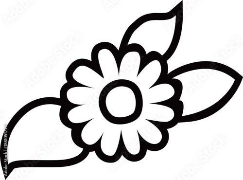 満開のデイジーの花と葉アウトライン白黒線画イラスト　 カモミールやハーブ系のシンプルな花のイメージ　透明背景