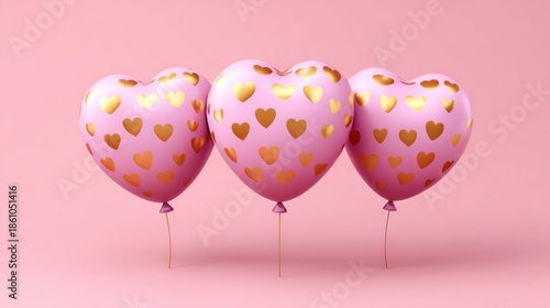 Three pink heart-shaped balloons with gold hearts floating against a soft pink background