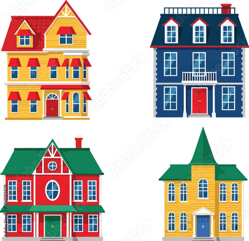 Colorful residential house illustration set featuring classic home facades in flat vector architectural style