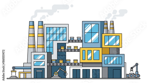 Modern factory building with conveyor belts and robotic arms, illustrating industrial production and automation.
