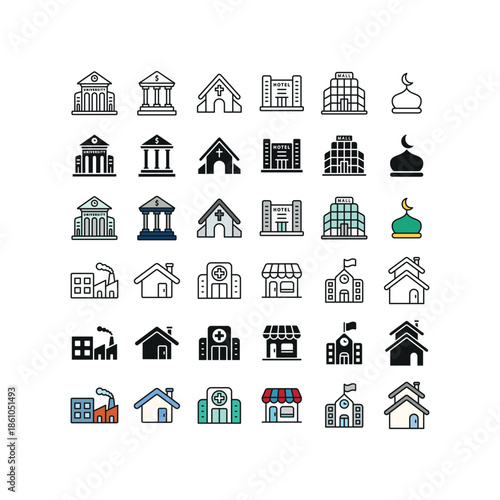 Building set icon line glyph color for city architecture public and residential places