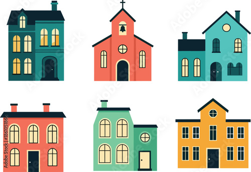 Flat colorful building illustration set with residential houses and church facades in simple architectural vector style