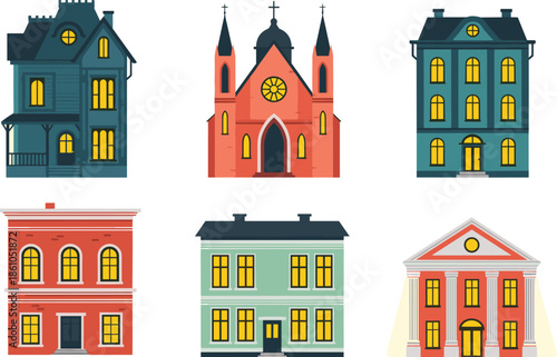 Flat colorful building illustration set with residential houses church and classic institutional facades in vector style