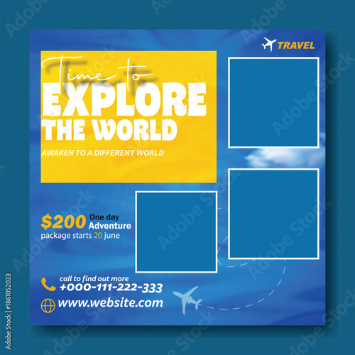 Time to Explore the World: Professional Travel Flyer and Social Media Kit, Modern Travel Package Flyer & Social Media Post Design with 35% Discount. Corporate Travel Agency Flyer and Square.