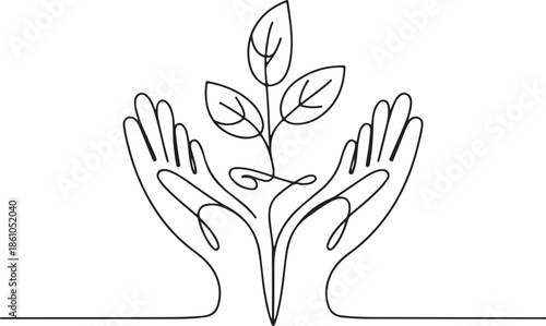 Continuous line drawing of hands gently holding and nurturing a growing plant sprout