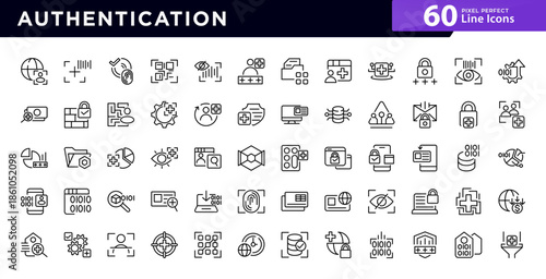 Authentication line icon set. Profile, password, login, username, avatar, connect, swap, machine learning, digital, AI vector design