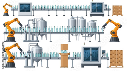 Automated bottling and packaging line with robotic arms and conveyor belts in an industrial setting.