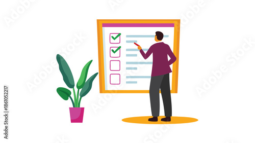 Man checking tasks on a large clipboard with a potted plant nearby