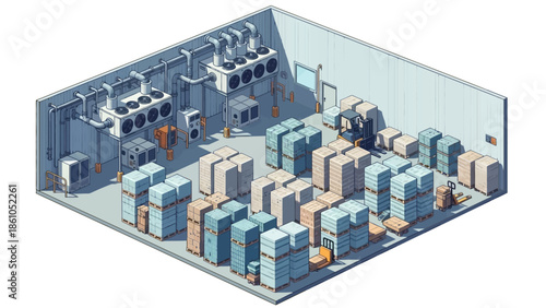 Isometric illustration of a cold storage warehouse filled with stacked boxes and industrial refrigeration units.