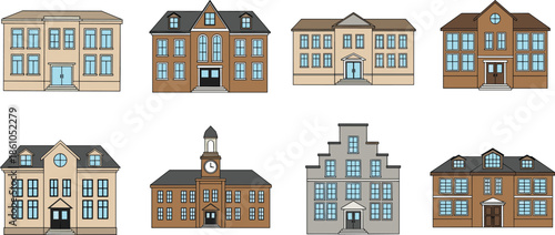 Vector illustration set of diverse school building facades, featuring classic and modern educational architecture, exterior icons collection design