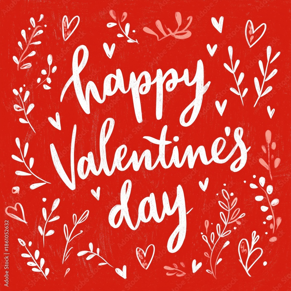 Obraz premium Happy Valentine's Day calligraphy lettering on red background. Calligraphy Happy Valentine's Day lettering on a red background with hearts and leaves