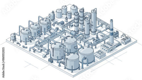 Isometric illustration of a complex industrial chemical processing plant with numerous tanks, pipes, and distillation columns.