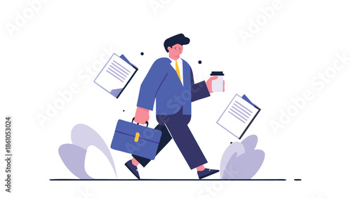 Busy businessman walking with briefcase and coffee