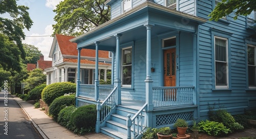 Faded Blue Clapboard Home With Narrow Porch On Quiet Street
