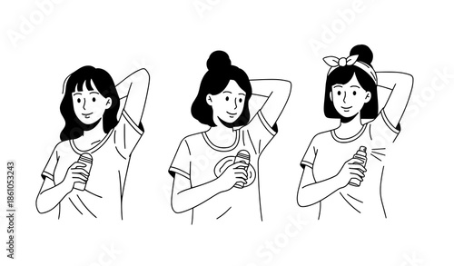 Women applying deodorant antiperspirant vector set for sweat protection and hygiene