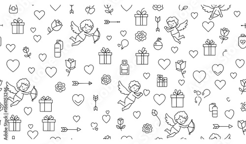 Minimal Valentine love doodle seamless pattern vector with cupid hearts and flowers