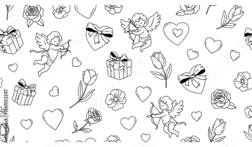 Romantic Valentine seamless line art pattern with love symbols in pink and blue