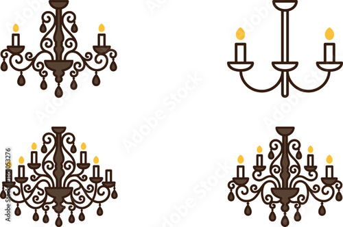 Classic chandelier lighting illustration set featuring elegant vintage candle fixtures ornate interior decor design for luxury homes hotels