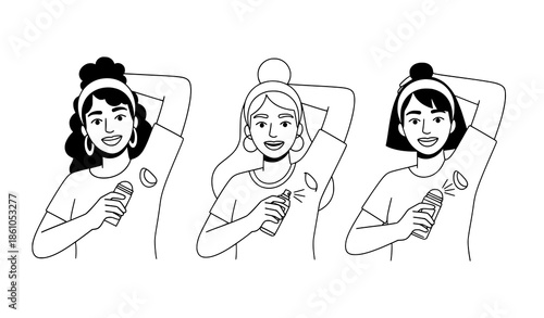 Flat cartoon women using deodorant underarm care vector illustration isolated on white