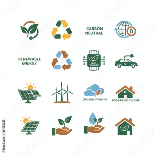 Renewable Energy and Green Technology Icon Set - Flat Vector Symbols for Carbon Neutral, Organic Farming, Solar Power, and Eco-Friendly Home.