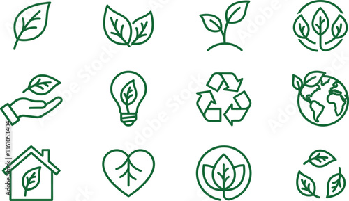 Eco friendly green line icons set featuring sustainability nature recycling energy conservation symbols outline illustration for environmental design concepts