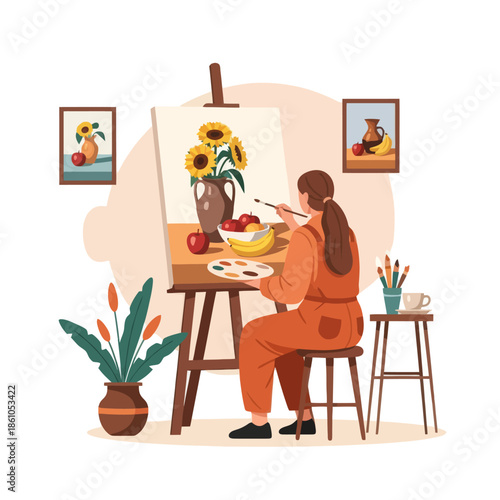 Artist painting sunflowers still life on canvas easel with palette and brushes, creative hobby