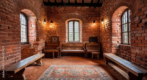 Historic Clay Brick Interior With Wooden Bench And Earthen Floor
