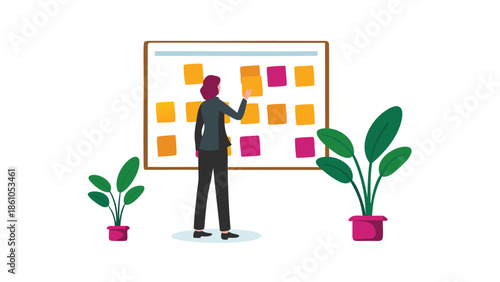 Businesswoman organizing tasks on a colorful sticky note board in a modern office