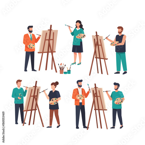 Group of Artists Painting on Easels, Creative Hobby and Art Class Concept