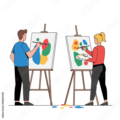 Couple painting abstract art on easels, creative hobby, art class, isolated on white