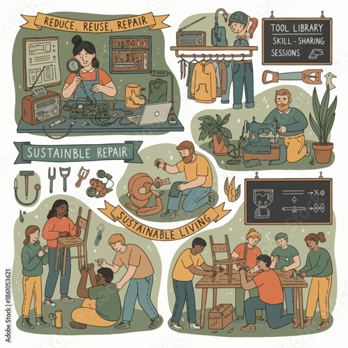 Community Repair Cafe and Sustainable Living Illustration Set - People Fixing Electronics, Sewing Clothes, and Repairing Furniture - Reduce Reuse Repair Concept Vector Art.