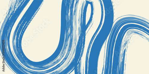 Grunge grainy blue brush stroke with spray texture. Hand drawn distress damaged vintage banner with zigzag bold line. Rough thick brush stroke texture. Spray paint effect vector background.