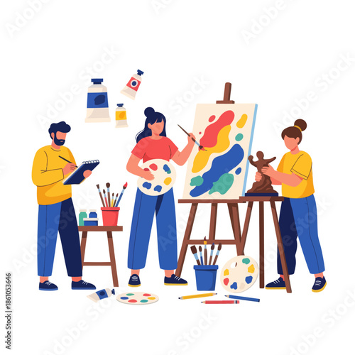 Diverse artists creating art together, painting, sculpting, drawing, illustration, creative studio