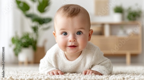 Adorable baby boy with bright eyes smiles while lying on a carpet