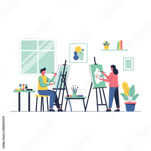 Artists painting in studio, creative hobby, learning art, indoor activity, flat design illustration