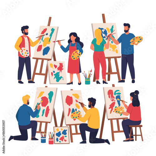 Diverse artists painting abstract art on easels in a creative studio workshop