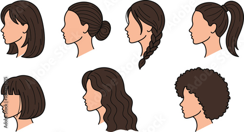 Female Hairstyle Profile Illustration Set Showing Diverse Haircuts Buns Braids Ponytails And Curls For Beauty And Fashion Design