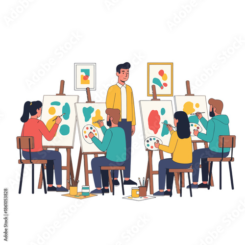 Art Class: Students Painting on Easels with Instructor Guiding