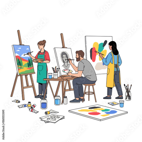 Artists painting in a studio: landscape, portrait, abstract art, creative process