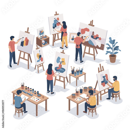 Wallpaper Mural Art Class Scene: Diverse people painting and creating art on easels in a studio setting. Torontodigital.ca