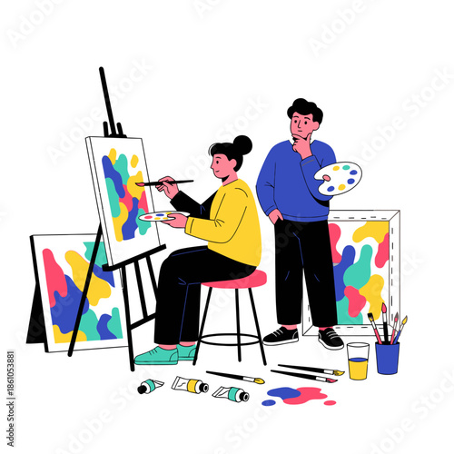 Artist painting abstract art on easel, instructor observing, creative process, art studio