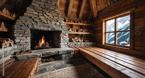 Mountain Village Hut Interior With Stone Hearth And Wooden Sleeping Platform