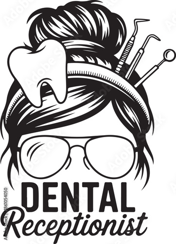 Dental receptionist messy bun hair with tooth and dental tools