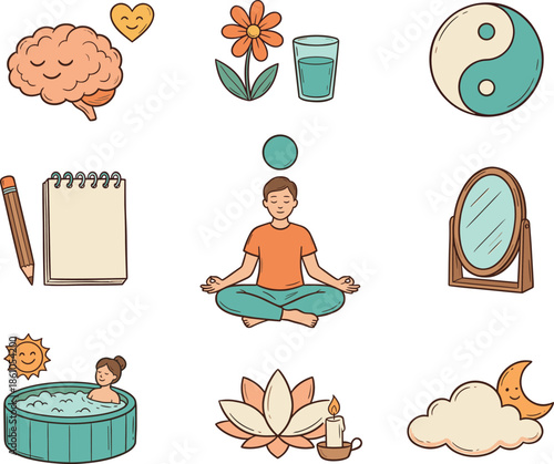 Mindfulness self care wellness illustration set featuring meditation relaxation balance mental health habits icons for healthy lifestyle daily routine