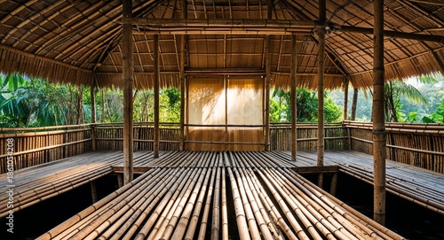 Old Bamboo Stilt House Interior With Open Floor Slats And Soft Daylight