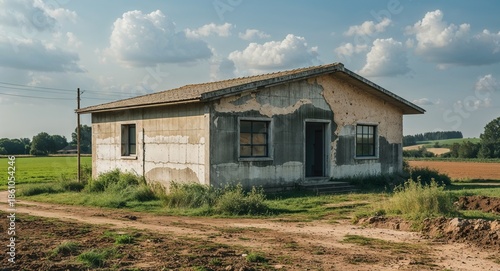 Old Concrete House With Patchy Walls In Rural Farmland