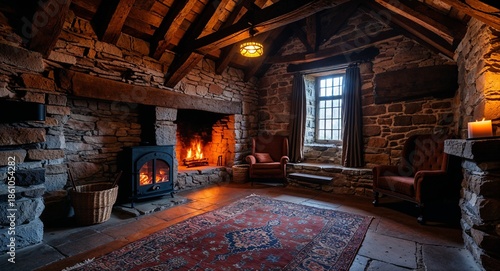 Old Stone Cottage Room With Wooden Rafters And Dim Firelight Glow
