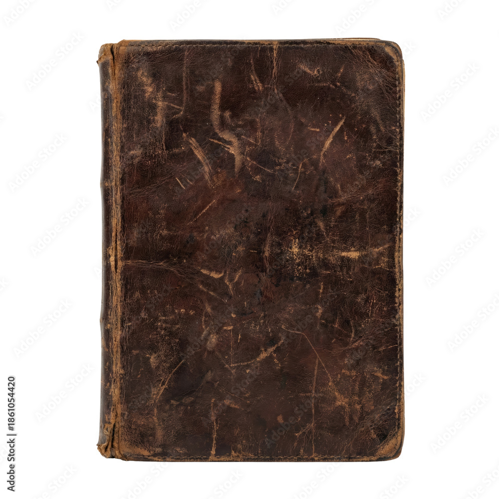 Fototapeta premium Antique weathered brown leather book cover on transparent background
