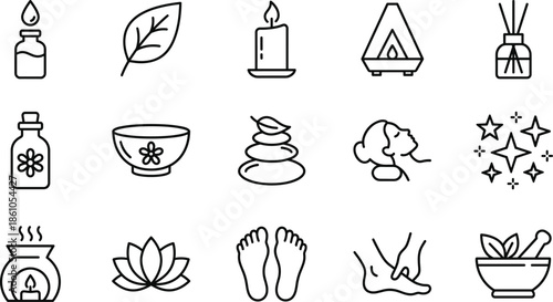 Spa wellness line icons set featuring aromatherapy massage skincare relaxation symbols outline illustration for beauty health mindfulness concepts