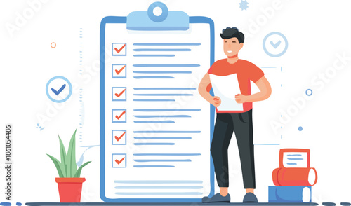 Man standing confidently with clipboard and checklist